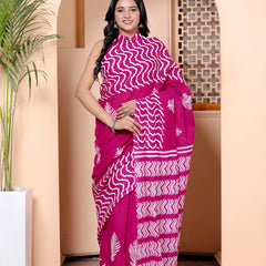 Magenta Hand Block Print Cotton Saree with Traditional Motifs & Artistic Pallu