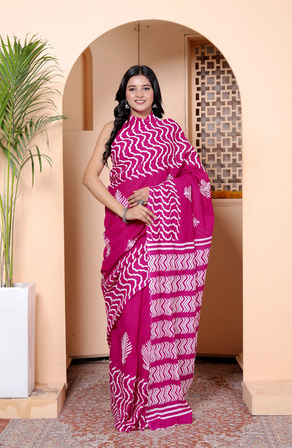 Magenta Hand Block Print Cotton Saree with Traditional Motifs & Artistic Pallu