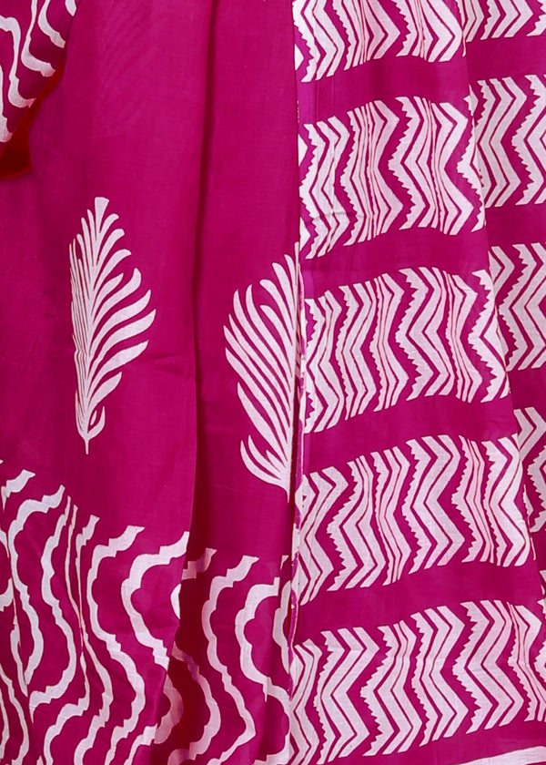 Magenta Hand Block Print Cotton Saree with Traditional Motifs & Artistic Pallu