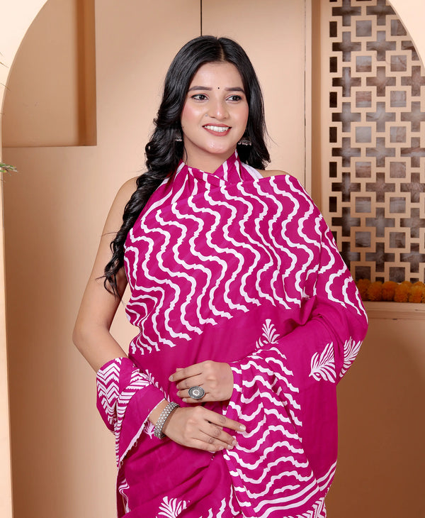 Magenta Handprinted Cotton Saree with White Zigzag & Leaf Motifs