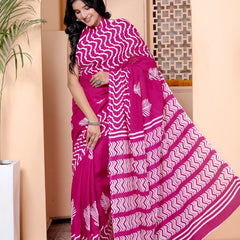 Magenta Hand Block Print Cotton Saree with Traditional Motifs & Artistic Pallu