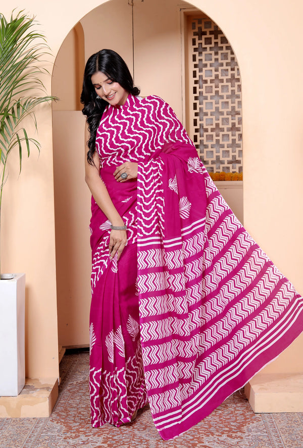 Magenta Hand Block Print Cotton Saree with Traditional Motifs & Artistic Pallu
