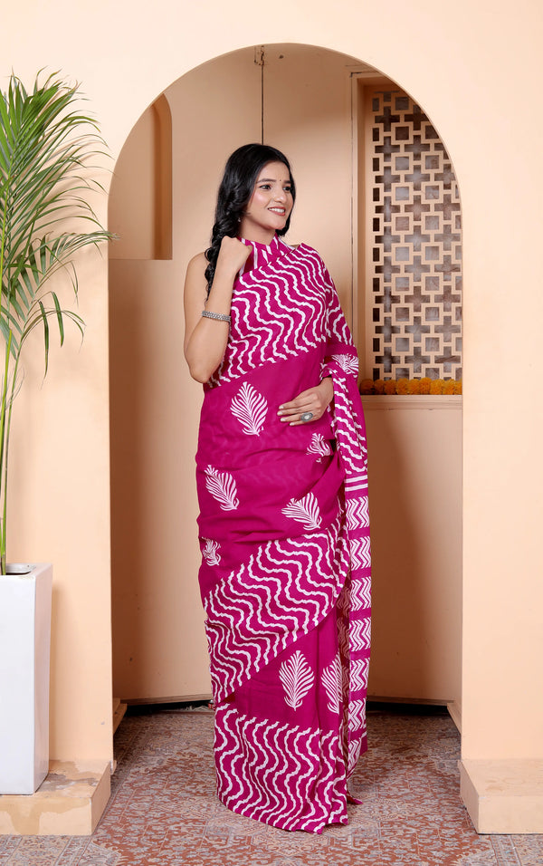 Magenta Handprinted Cotton Saree with White Zigzag & Leaf Motifs