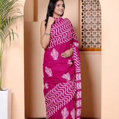 Magenta Hand Block Print Cotton Saree with Traditional Motifs & Artistic Pallu