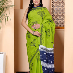 Green Handprinted Cotton Saree with Navy Blue Contrast Pallu & Tree Motifs