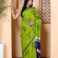 Green Handprinted Cotton Saree with Navy Blue Contrast Pallu & Tree Motifs