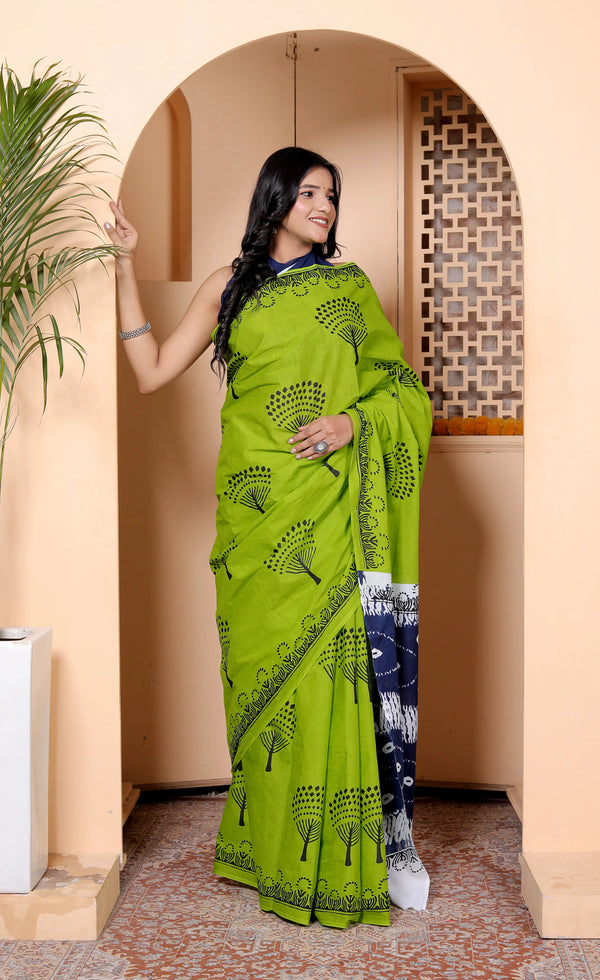 Green Handprinted Cotton Saree with Navy Blue Contrast Pallu & Tree Motifs