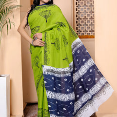 Green Handprinted Cotton Saree with Navy Blue Contrast Pallu & Tree Motifs