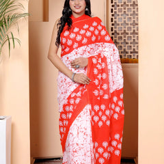 Vibrant Red & White Cotton Saree with Hand-Printed Palm Motifs