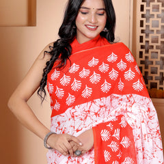 Vibrant Red & White Cotton Saree with Hand-Printed Palm Motifs