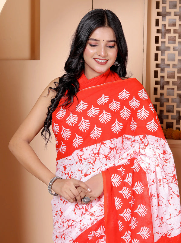 Vibrant Red & White Cotton Saree with Hand-Printed Palm Motifs