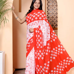 Vibrant Red & White Cotton Saree with Hand-Printed Palm Motifs