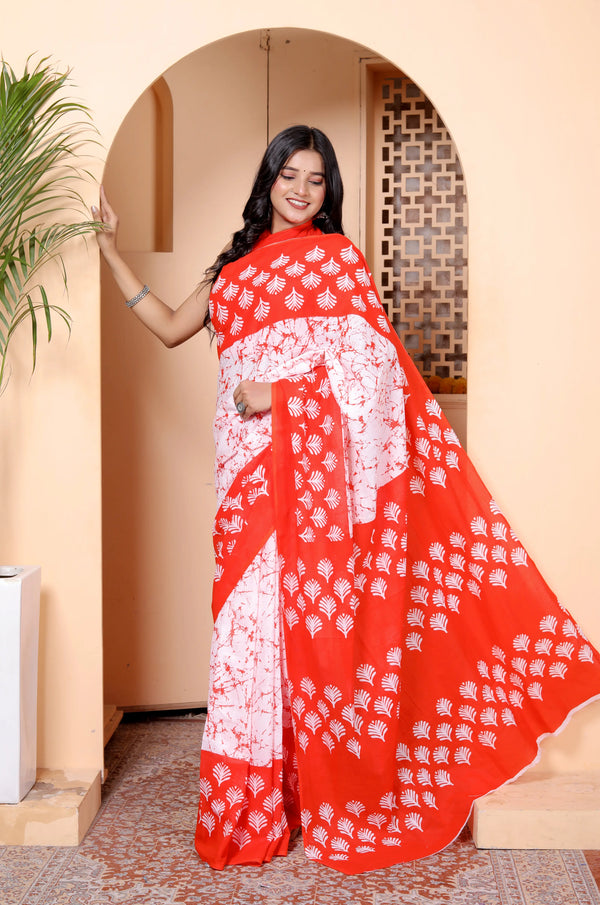 Vibrant Red & White Cotton Saree with Hand-Printed Palm Motifs