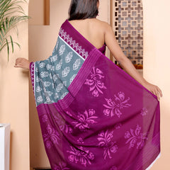 Elegant Grey & Wine Cotton Saree with Hand Block Print and Contrast Border