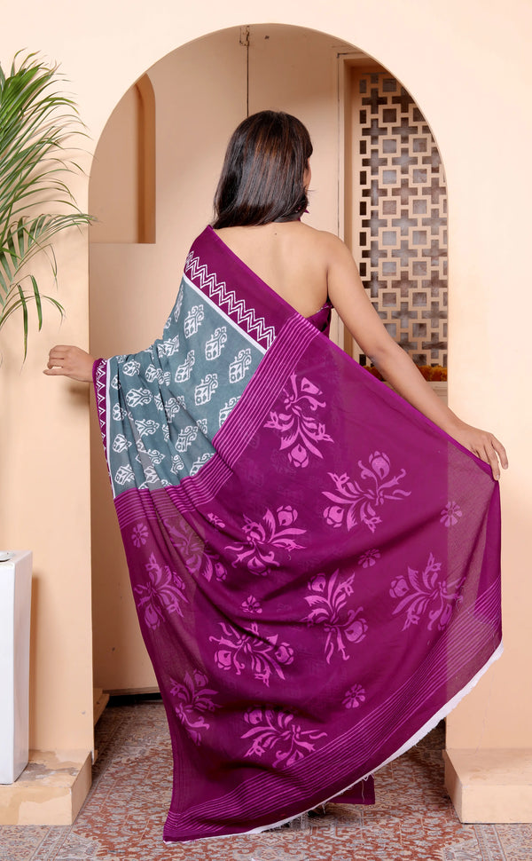 Elegant Grey & Wine Cotton Saree with Hand Block Print and Contrast Border