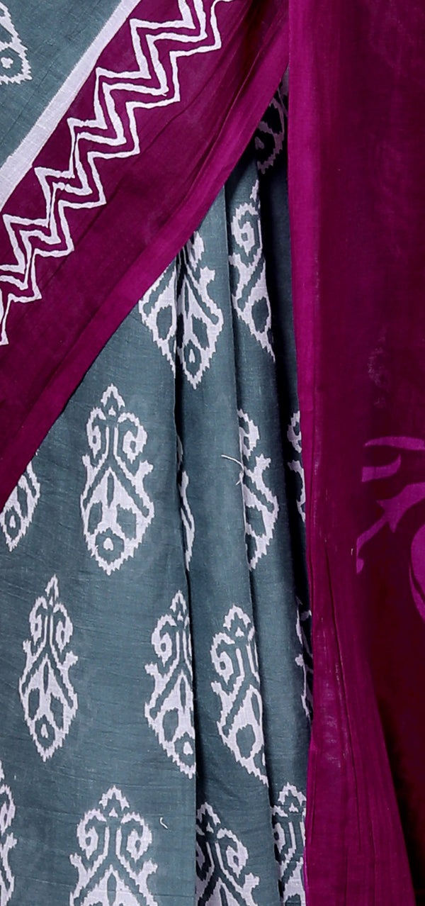 Elegant Grey & Wine Cotton Saree with Hand Block Print and Contrast Border