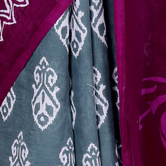 Elegant Grey & Wine Cotton Saree with Hand Block Print and Contrast Border