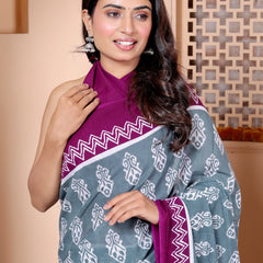Elegant Grey & Wine Cotton Saree with Hand Block Print and Contrast Border