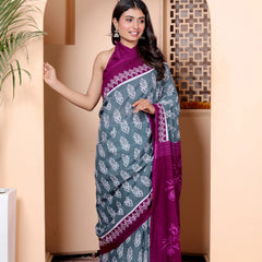 Elegant Grey & Wine Cotton Saree with Hand Block Print and Contrast Border