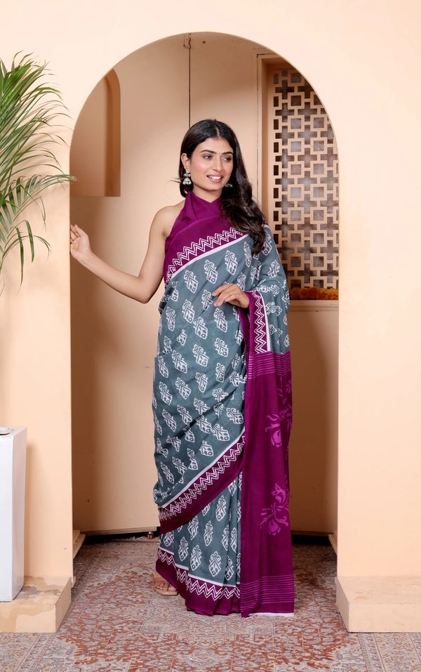Elegant Grey & Wine Cotton Saree with Hand Block Print and Contrast Border