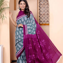 Elegant Grey & Wine Cotton Saree with Hand Block Print and Contrast Border