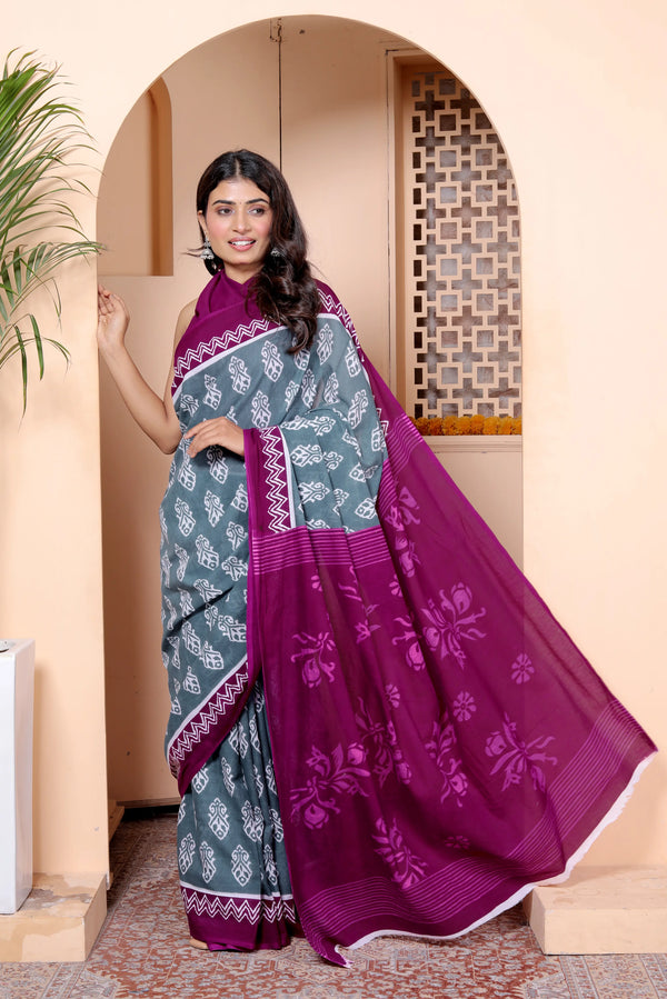Elegant Grey & Wine Cotton Saree with Hand Block Print and Contrast Border
