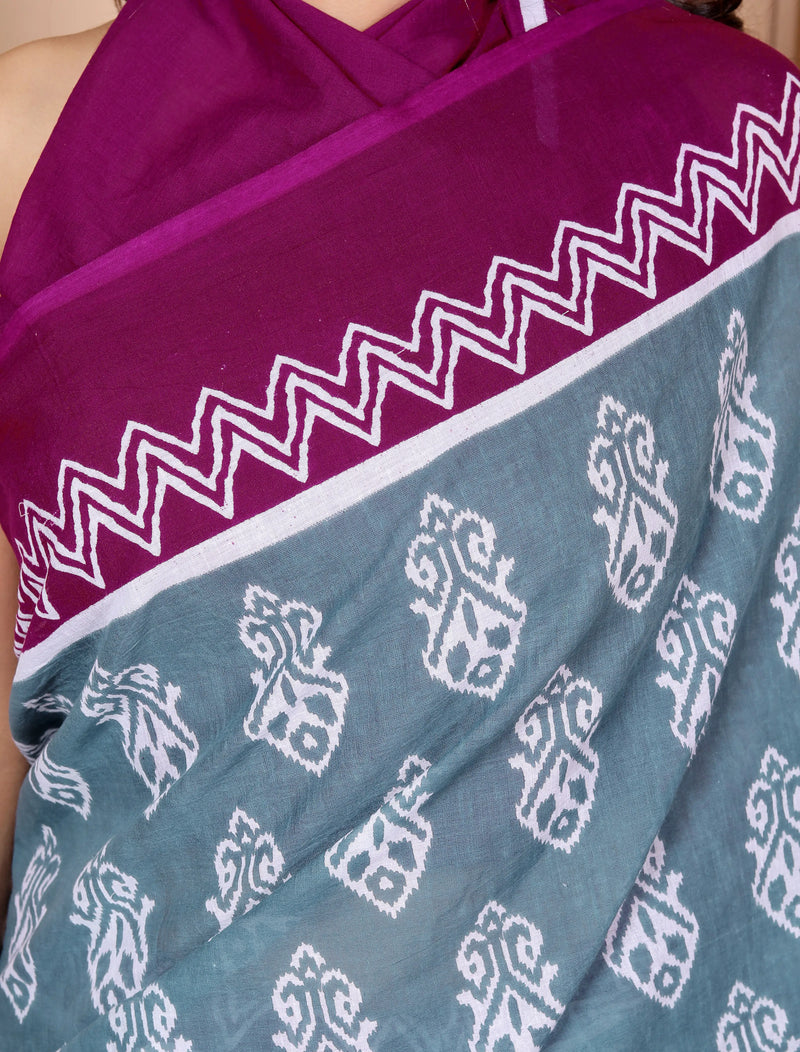 Elegant Grey & Wine Cotton Saree with Hand Block Print and Contrast Border