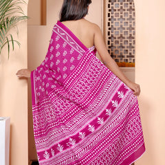 Magenta Hand Block Print Cotton Saree with Traditional Motifs & Artistic Pallu