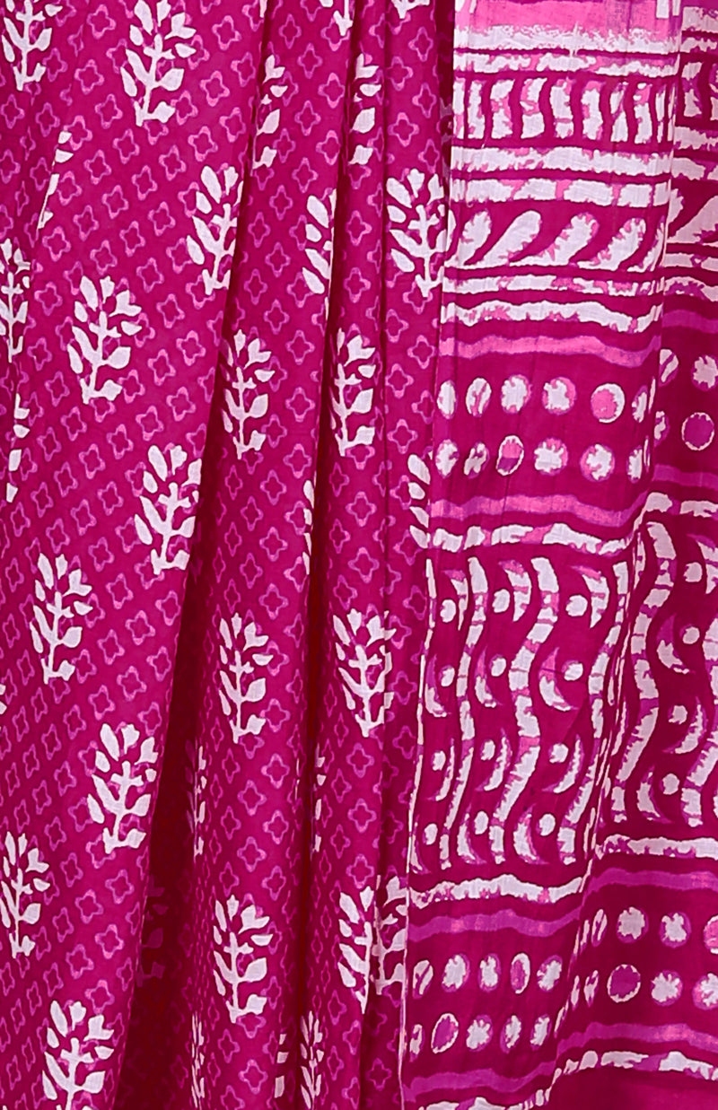 Magenta Hand Block Print Cotton Saree with Traditional Motifs & Artistic Pallu