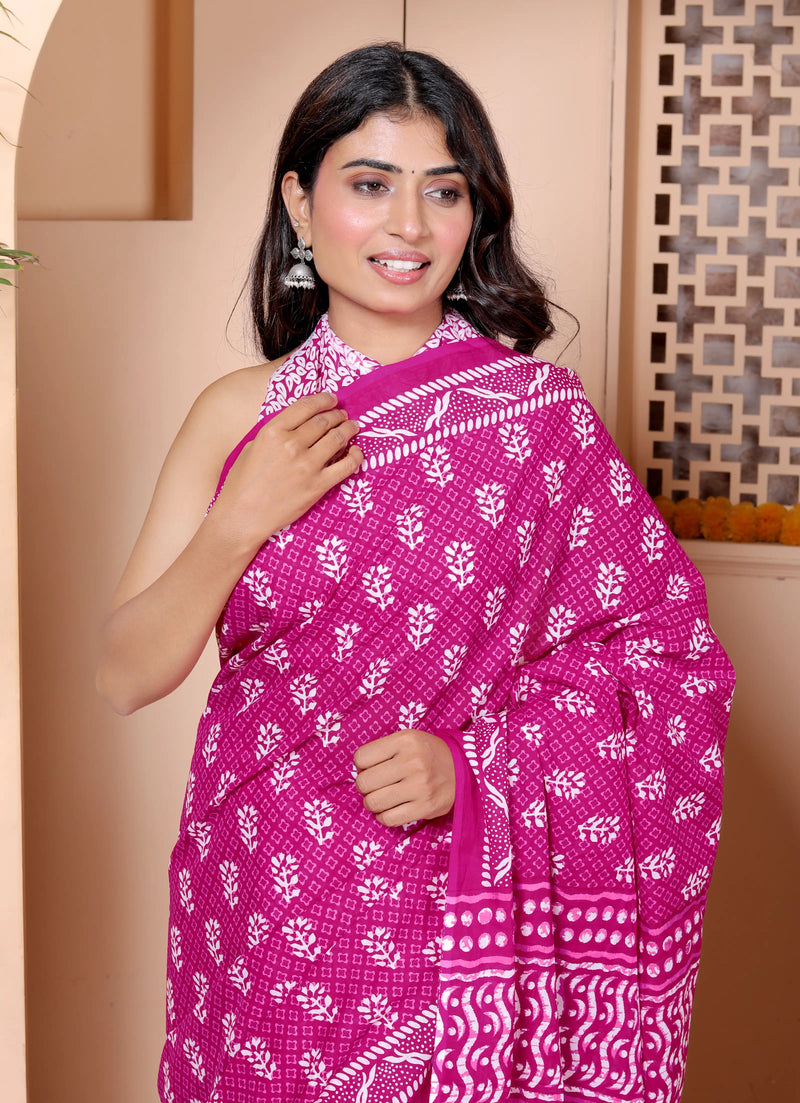 Magenta Hand Block Print Cotton Saree with Traditional Motifs & Artistic Pallu