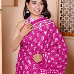 Magenta Hand Block Print Cotton Saree with Traditional Motifs & Artistic Pallu