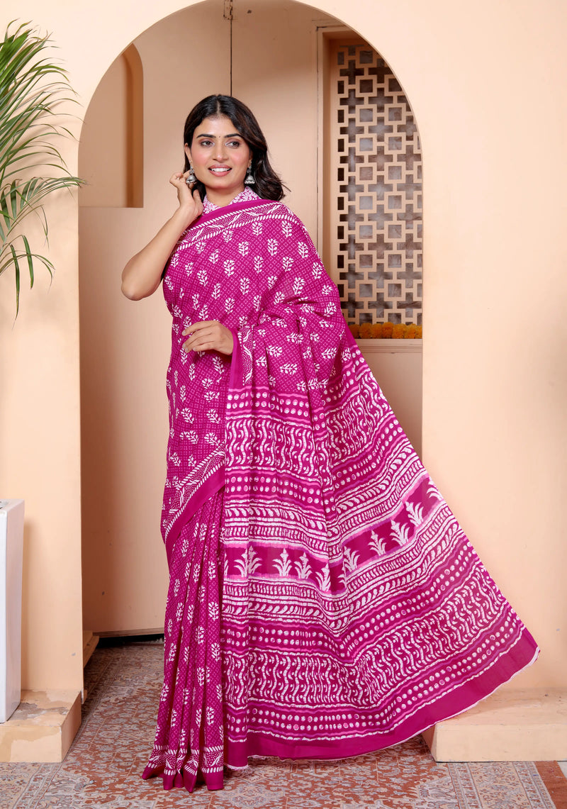 Magenta Hand Block Print Cotton Saree with Traditional Motifs & Artistic Pallu