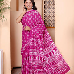 Magenta Hand Block Print Cotton Saree with Traditional Motifs & Artistic Pallu