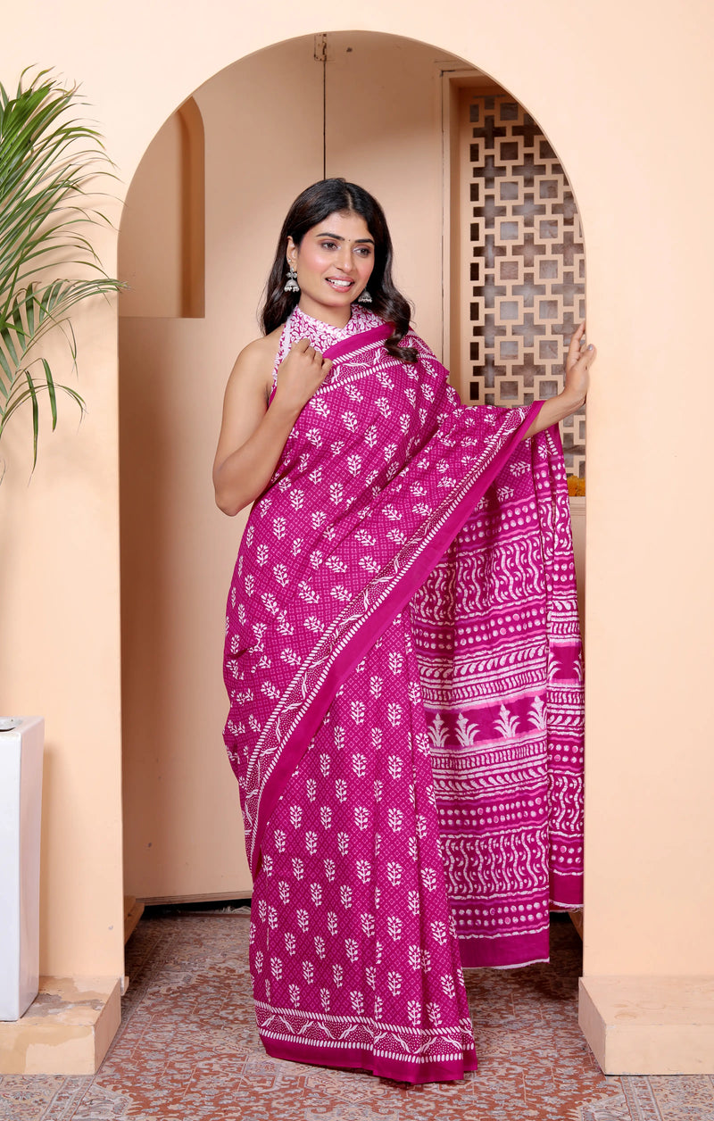 Magenta Hand Block Print Cotton Saree with Traditional Motifs & Artistic Pallu