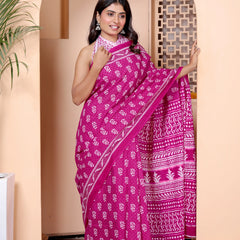 Magenta Hand Block Print Cotton Saree with Traditional Motifs & Artistic Pallu
