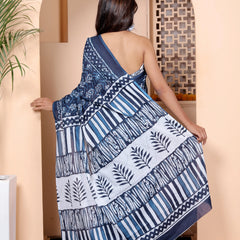 Navy Blue & White Hand Block Print Cotton Saree with Artistic Pallu