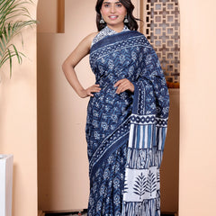 Navy Blue & White Hand Block Print Cotton Saree with Artistic Pallu