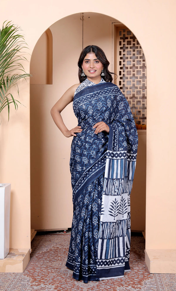 Navy Blue & White Hand Block Print Cotton Saree with Artistic Pallu