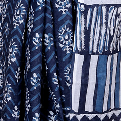 Navy Blue & White Hand Block Print Cotton Saree with Artistic Pallu