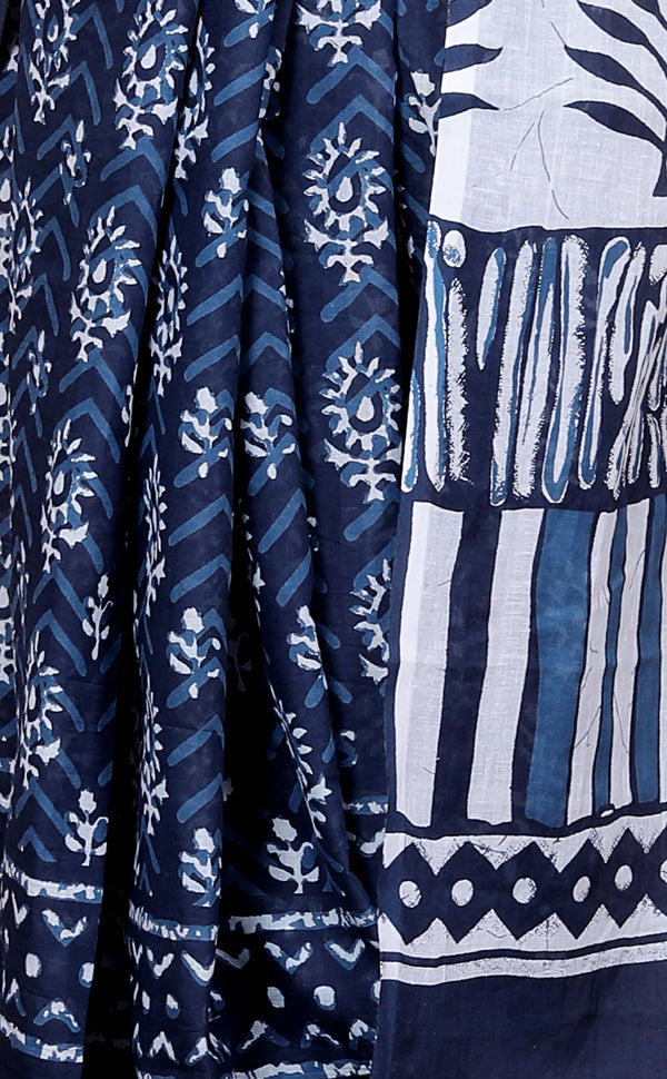 Navy Blue & White Hand Block Print Cotton Saree with Artistic Pallu