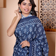Navy Blue & White Hand Block Print Cotton Saree with Artistic Pallu