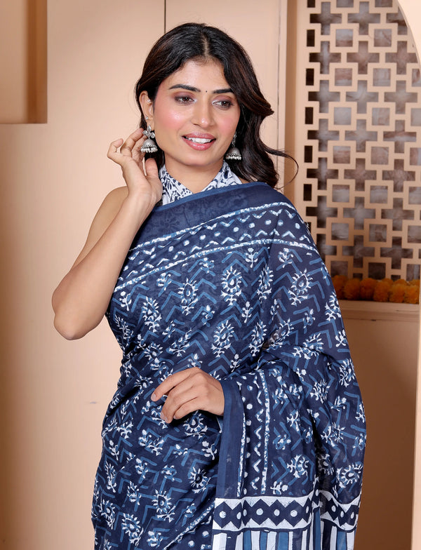 Navy Blue & White Hand Block Print Cotton Saree with Artistic Pallu