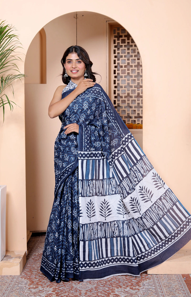 Navy Blue & White Hand Block Print Cotton Saree with Artistic Pallu