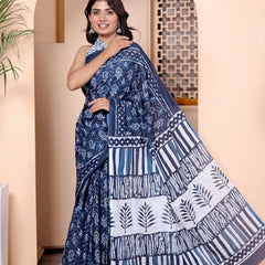Navy Blue & White Hand Block Print Cotton Saree with Artistic Pallu