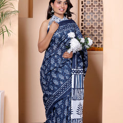 Navy Blue & White Hand Block Print Cotton Saree with Artistic Pallu