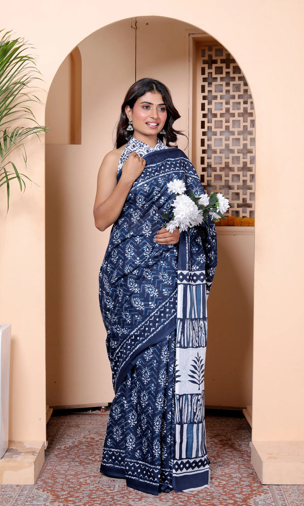 Navy Blue & White Hand Block Print Cotton Saree with Artistic Pallu