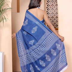 Royal Blue Cotton Saree with White Hand Block Print & Zigzag Border