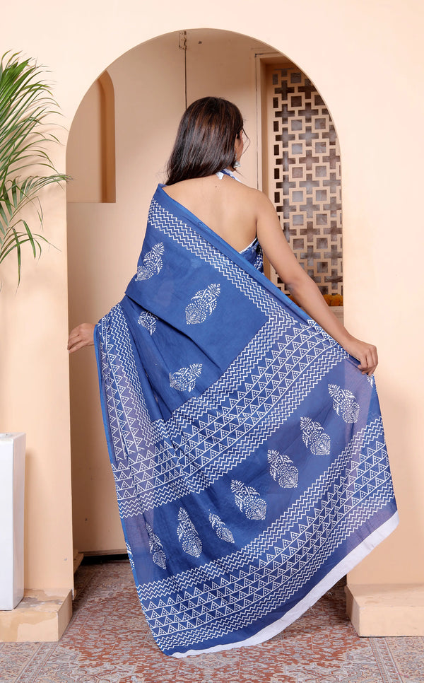 Royal Blue Cotton Saree with White Hand Block Print & Zigzag Border