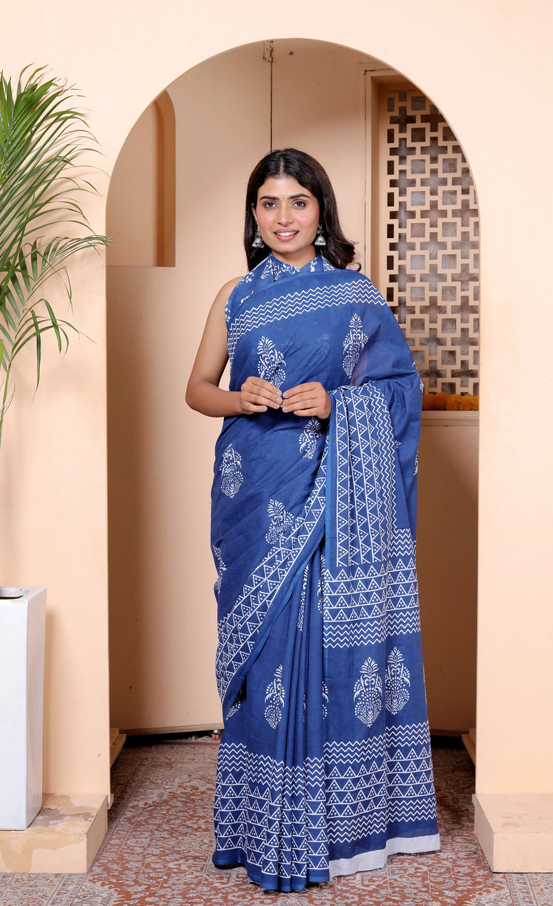 Royal Blue Cotton Saree with White Hand Block Print & Zigzag Border