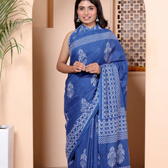Royal Blue Cotton Saree with White Hand Block Print & Zigzag Border